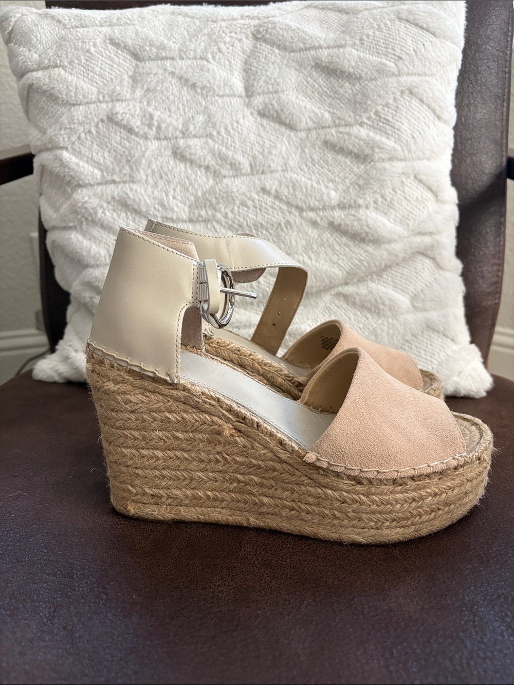Marc Fisher Two-Tone Espadrille Wedge Sandals in Beige and Tan